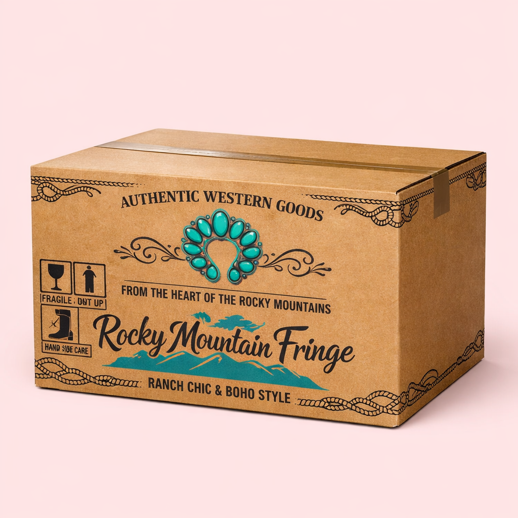 Rocky Mountain Fringe shipping box for authentic western goods of ranch chic and Boho Style items. Shipping from the heart of the Rocky Mountains.