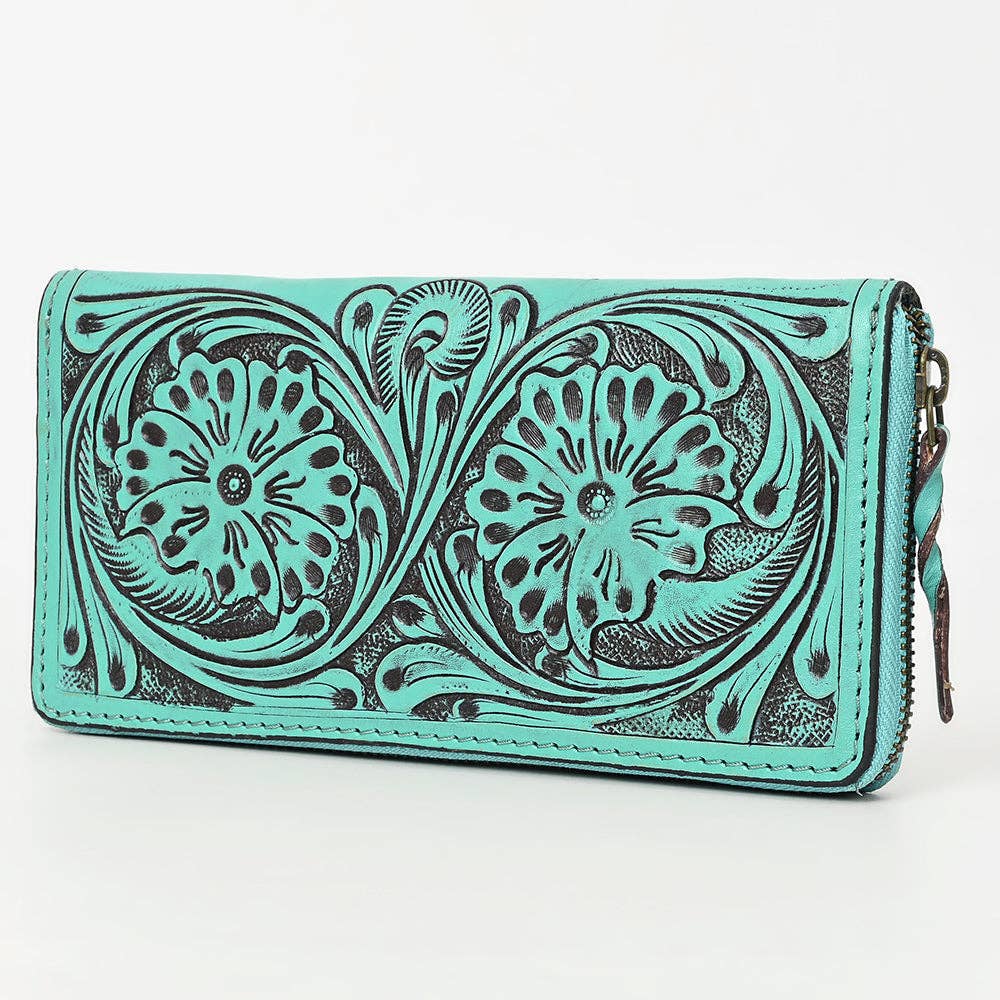 ADBGZ731 Hand Tooled Genuine Leather Floral Zip Organiser - Western Cowgirl Style