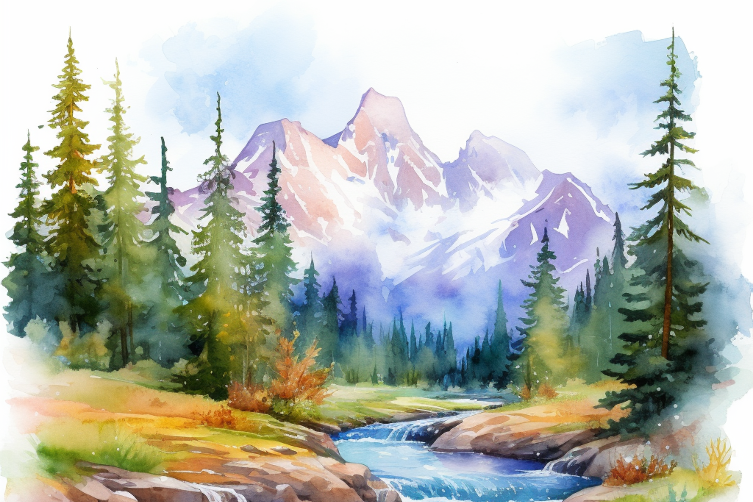 Watercolor image of a valley steam with pine trees and Rocky Mountains in the horizon.