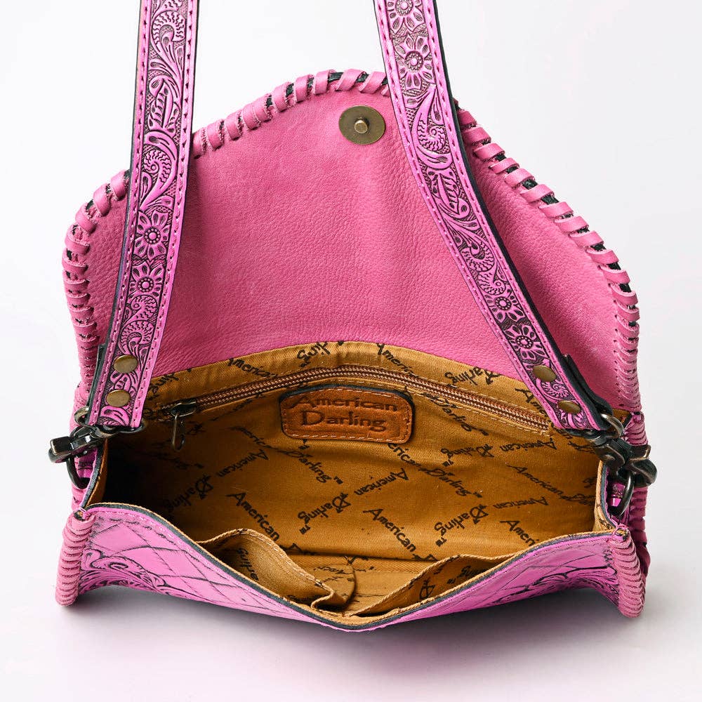 ADBG1137 American Darling Pink Hand Tooled Floral Leather Clutch Crossbody Bag
