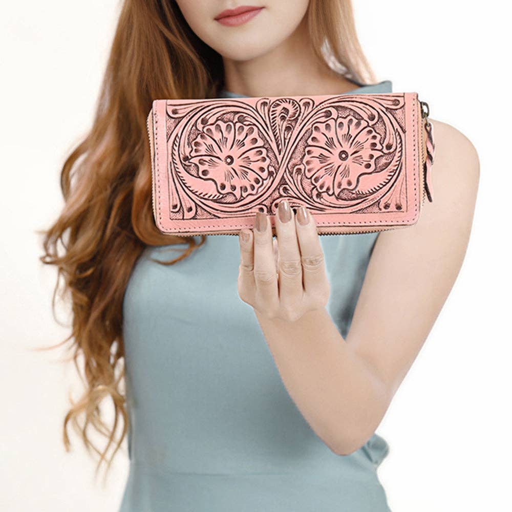 ADBGZ731 Hand Tooled Genuine Leather Floral Zip Organiser - Western Cowgirl Style