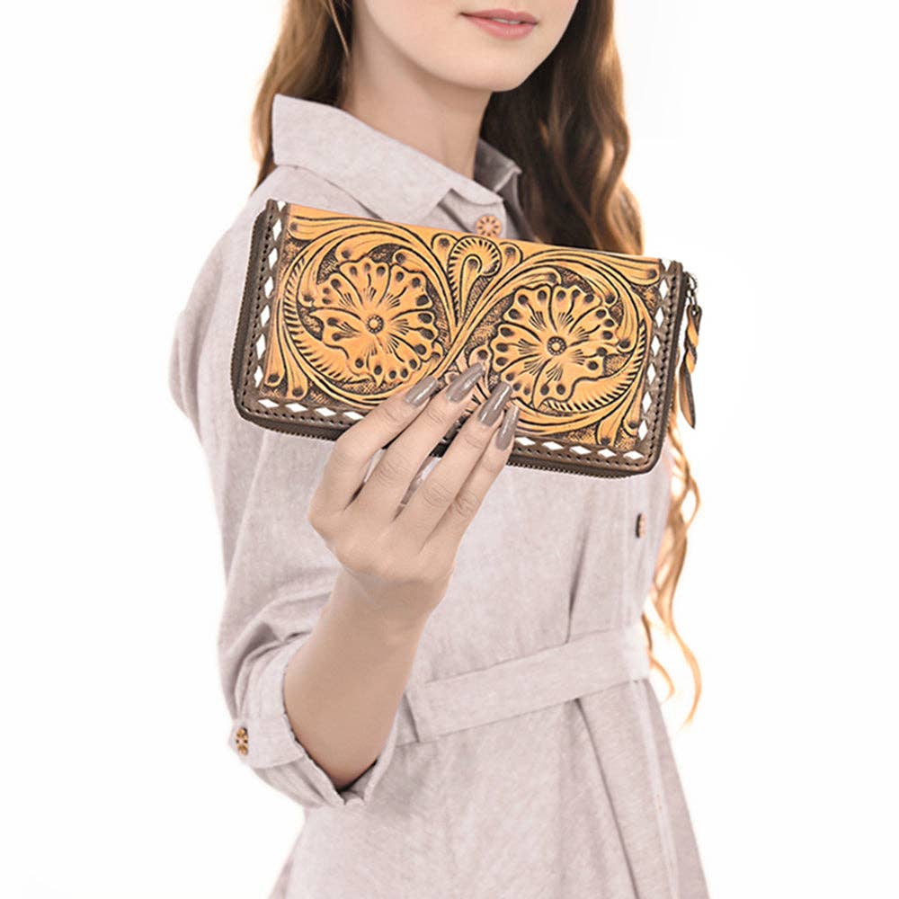 ADBGZ731 Hand Tooled Genuine Leather Floral Zip Organiser - Western Cowgirl Style
