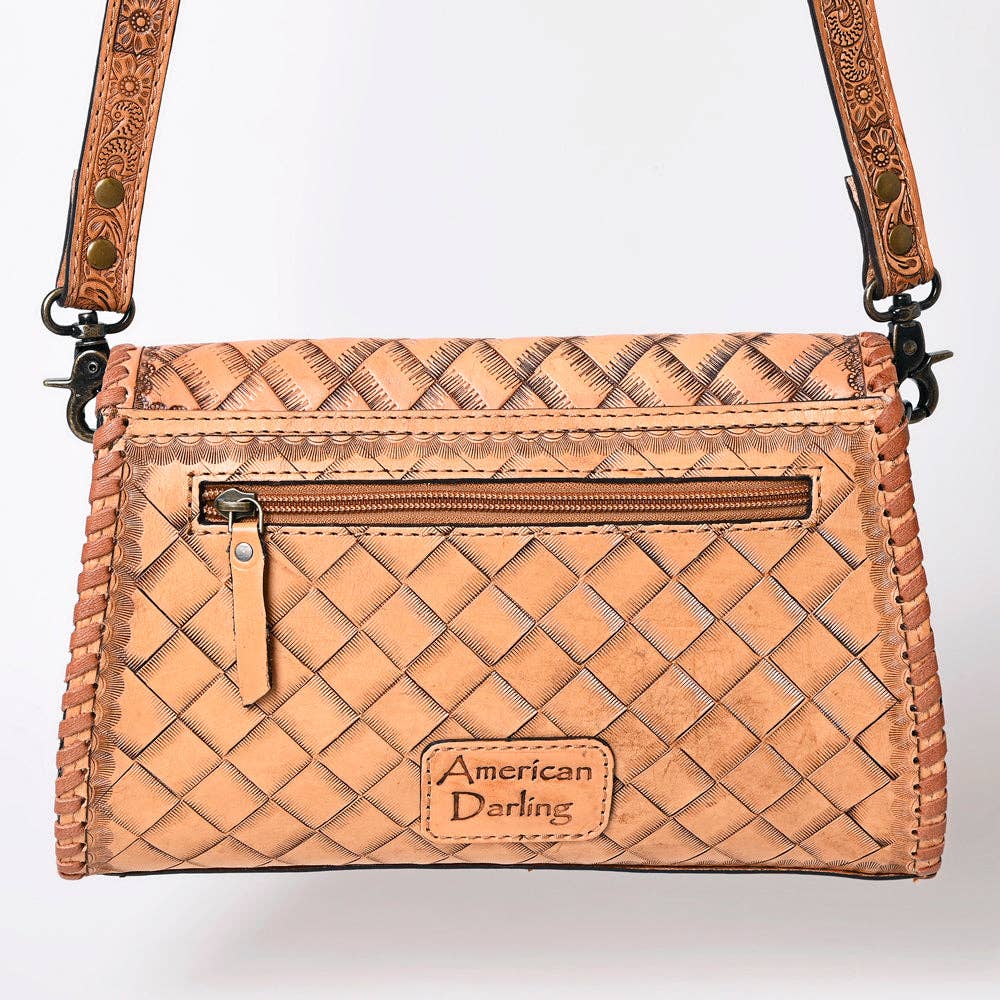 Brown quilted handbag with woven pattern and 'American Darling' branding on a white background