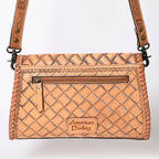Brown quilted handbag with woven pattern and 'American Darling' branding on a white background