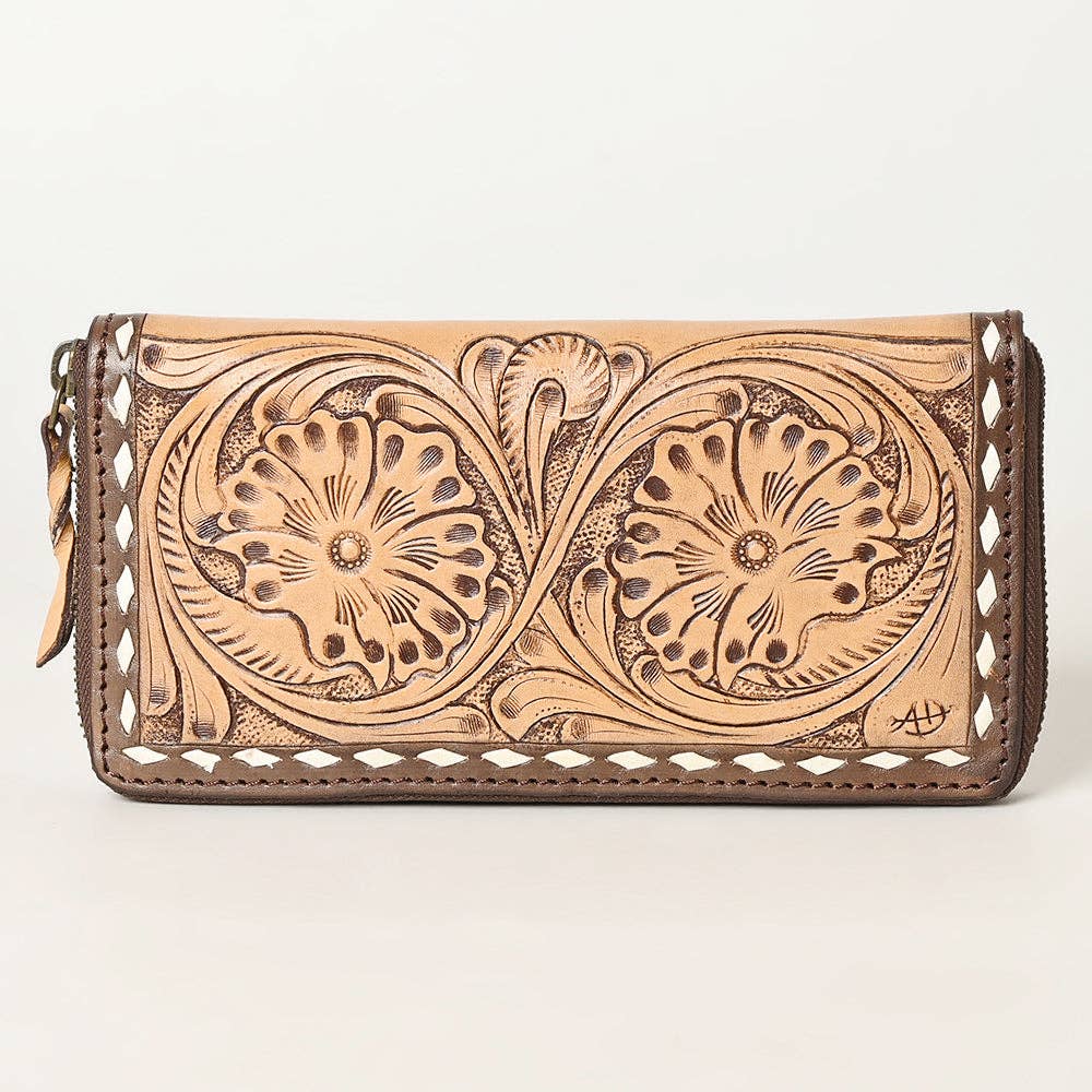 ADBGZ731 Hand Tooled Genuine Leather Floral Zip Organiser - Western Cowgirl Style