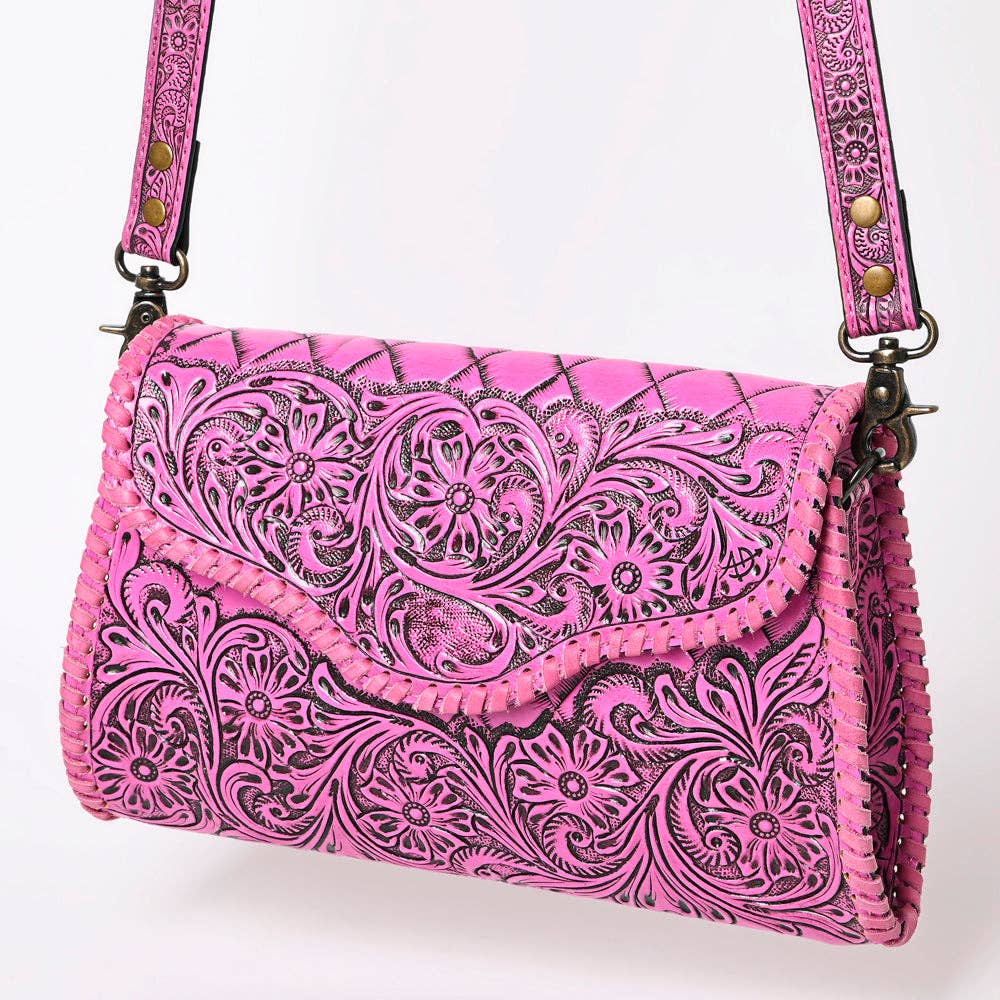 ADBG1137 American Darling Pink Hand Tooled Floral Leather Clutch Crossbody Bag
